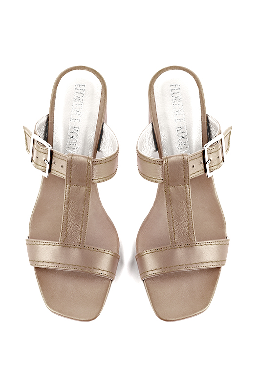 Tan beige women's fully open mule sandals. Square toe. Low flare heels. Top view - Florence KOOIJMAN